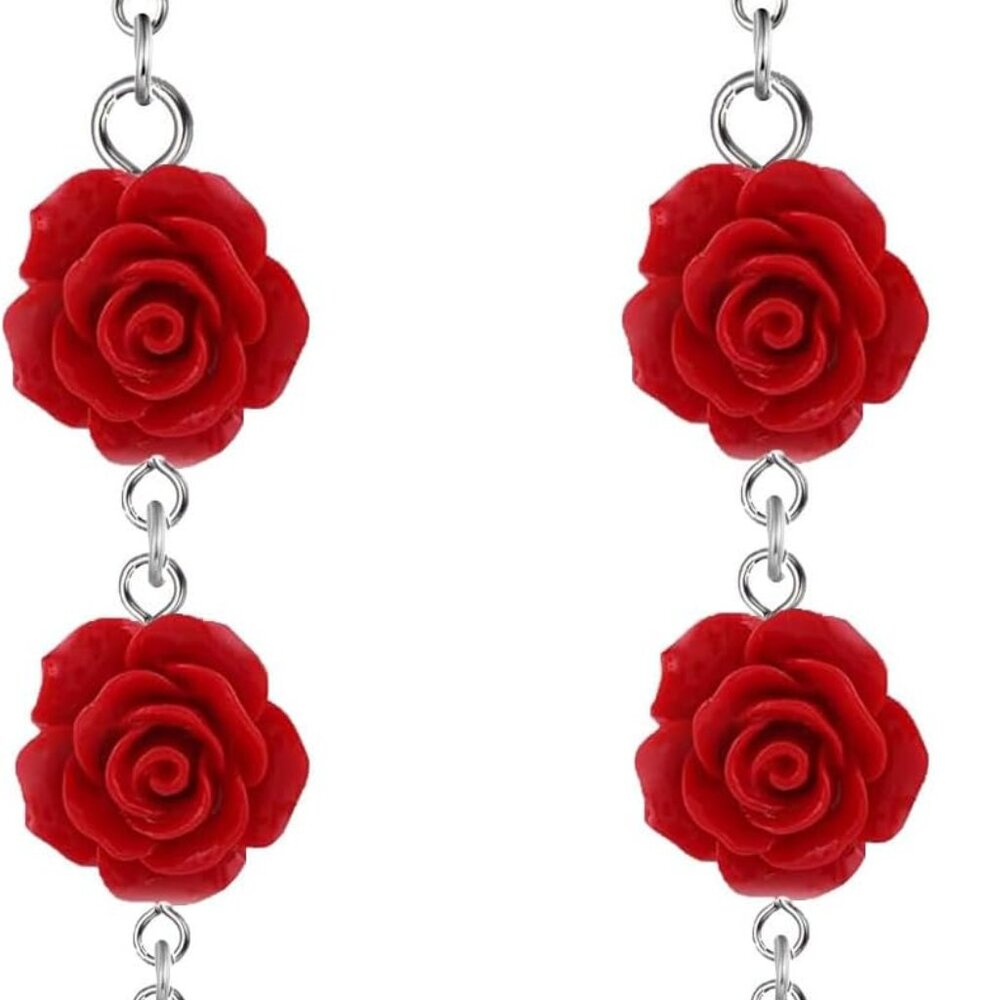 Red Rose Tassel Earrings Vintage Style Enamel Rose Dangle Earrings for Women Lig